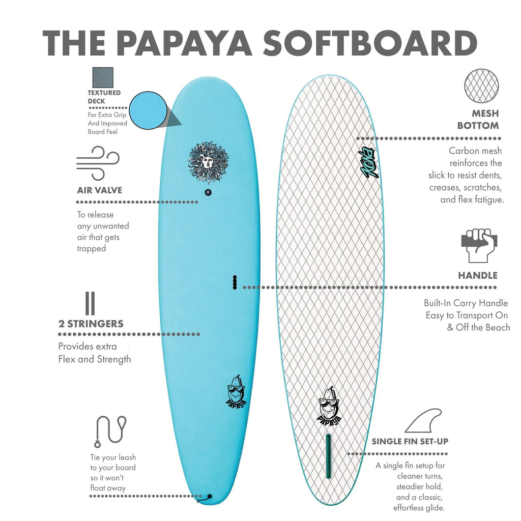 Papaya - Soft Top Foam Surfboard - Includes Leash and Fins