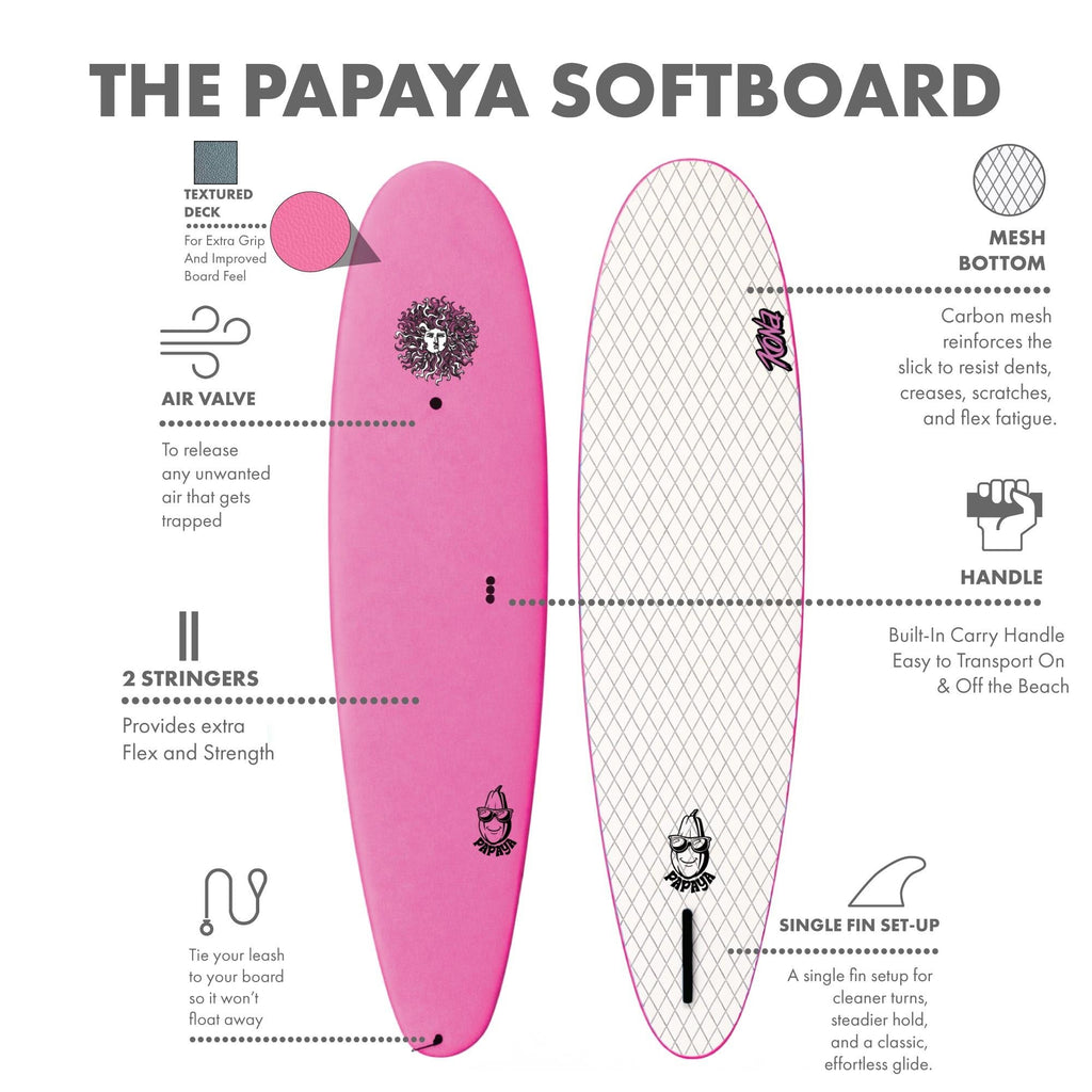 Papaya - Soft Top Foam Surfboard - Includes Leash and Fins