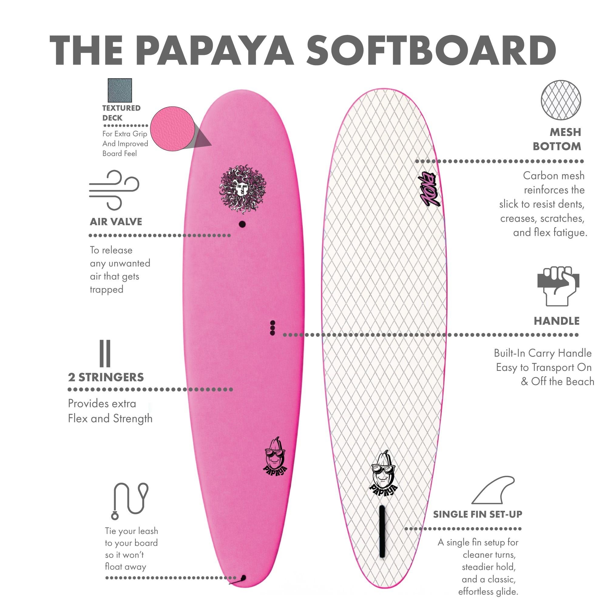 Papaya - Soft Top Foam Surfboard - Includes Leash and Fins