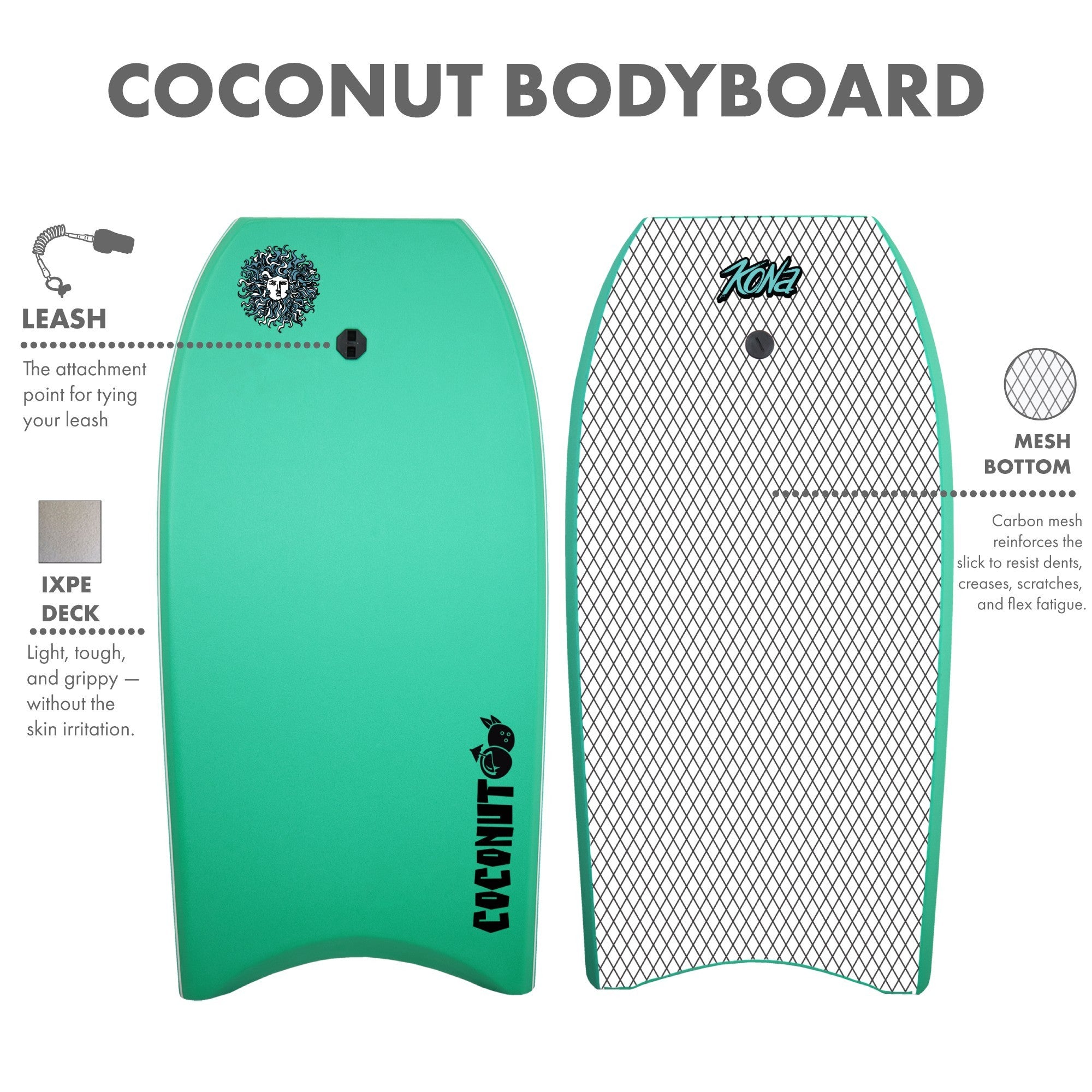 Coconut Foam Bodyboard for Adult and Kid Riders with Leash