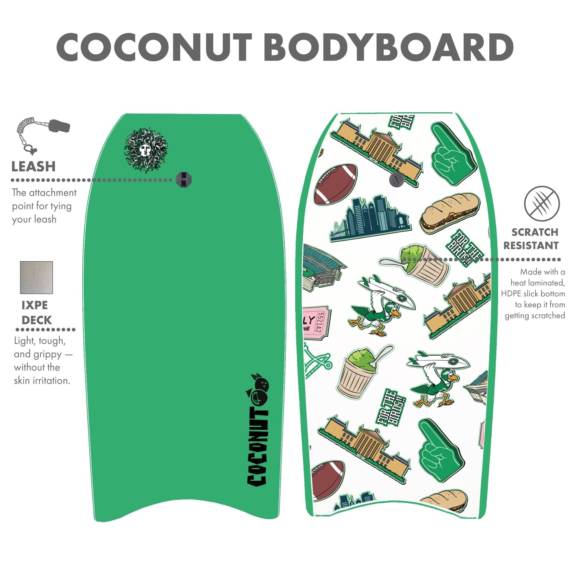 Coconut Foam Bodyboard for Adult and Kid Riders with Leash