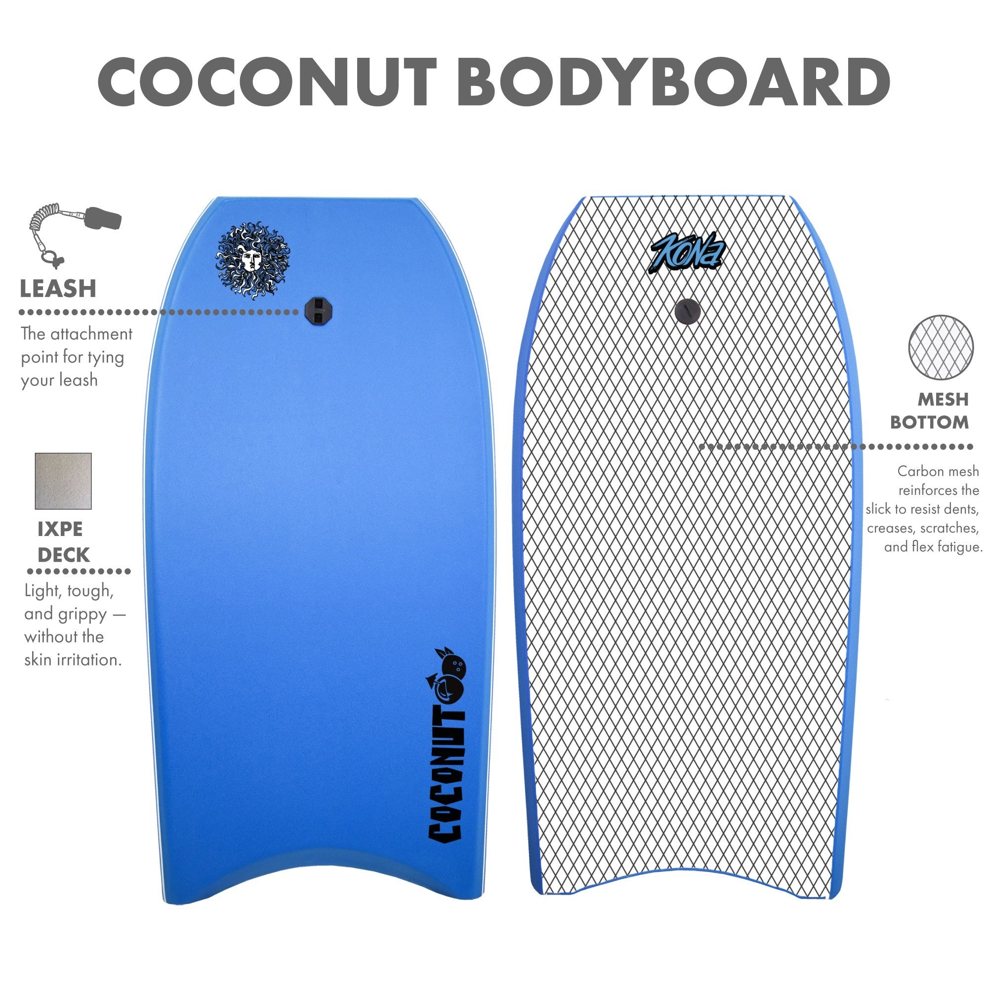 Coconut Foam Bodyboard for Adult and Kid Riders with Leash