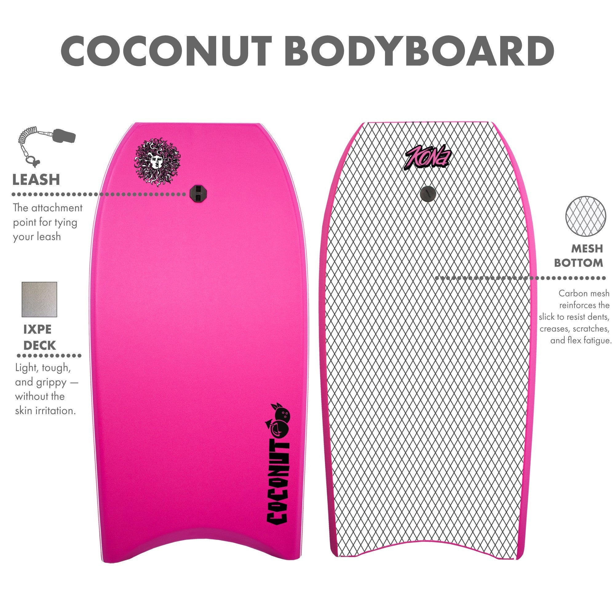 Coconut Foam Bodyboard for Adult and Kid Riders with Leash