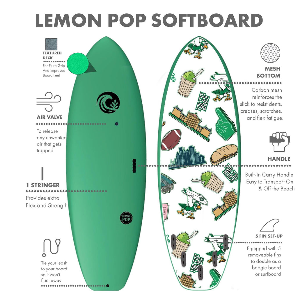 KO'A Lemon Pop 5ft 10in Small Wave - Soft Top Foam Surfboard - Includes Leash and Fins