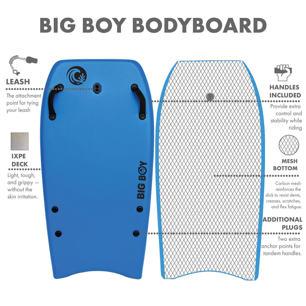 KO'A Big Boy Large 50in Foam Bodyboard for Adult and Kid Riders with Leash