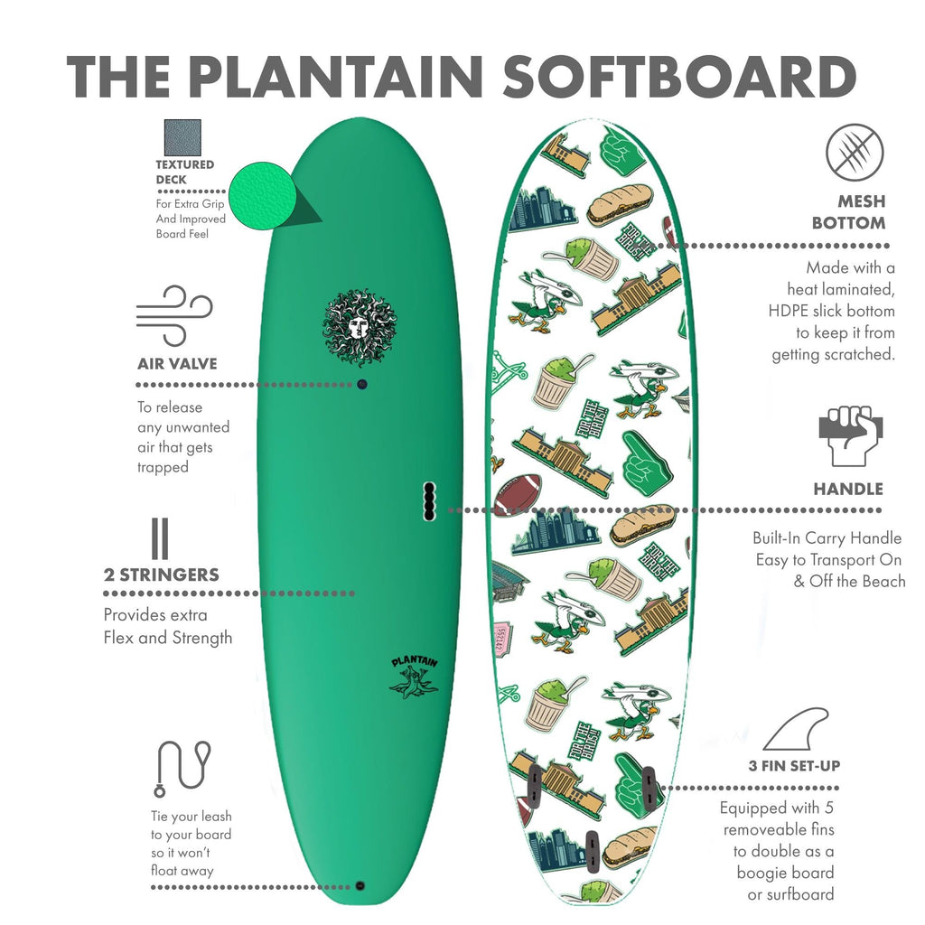 Plantain - Soft Top Foam Surfboard - Includes Leash and Fins