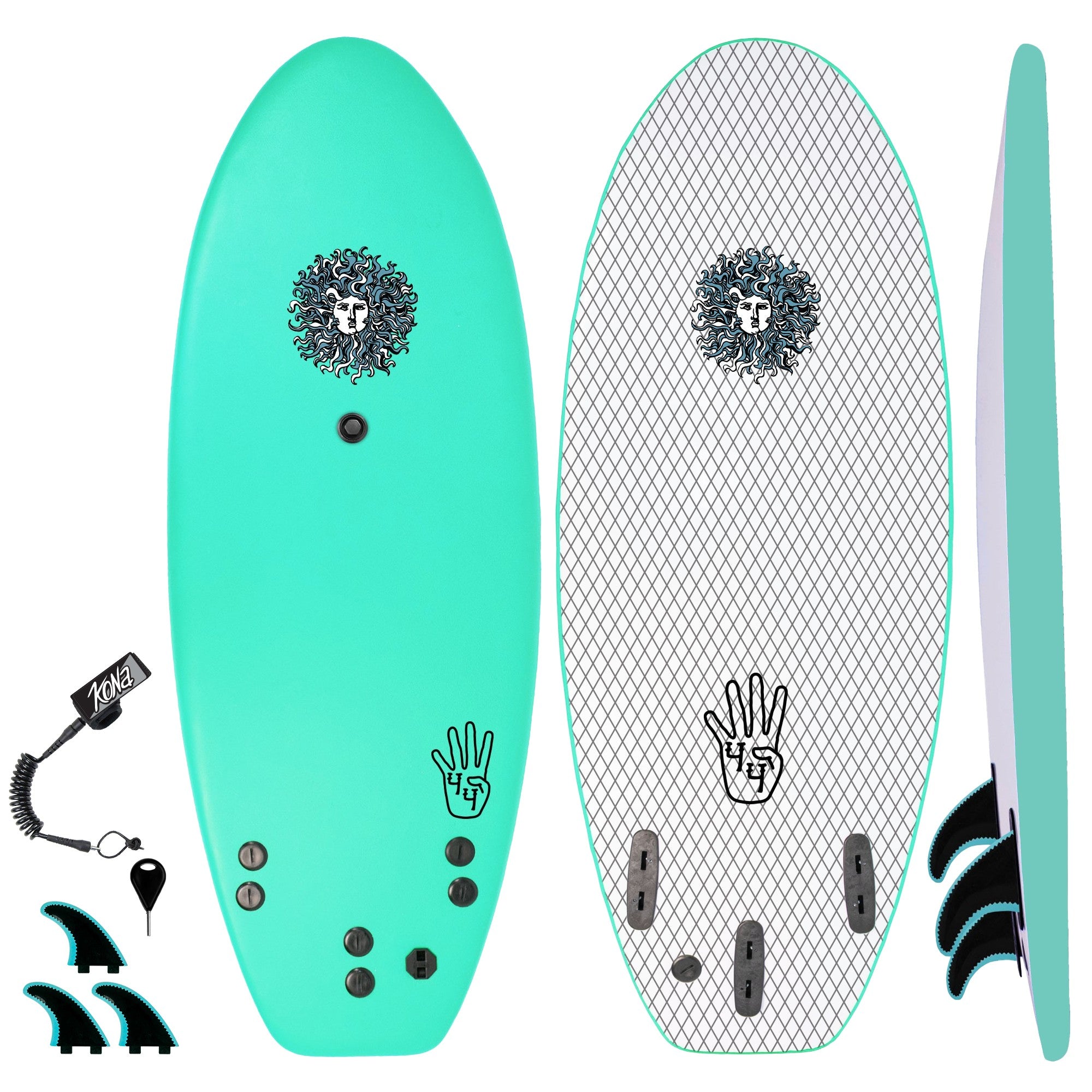 4-4 4ft 4in Bodyboard - Soft Top Short Foam Surfboard for Beginners and Kids - Includes Leash and Fins