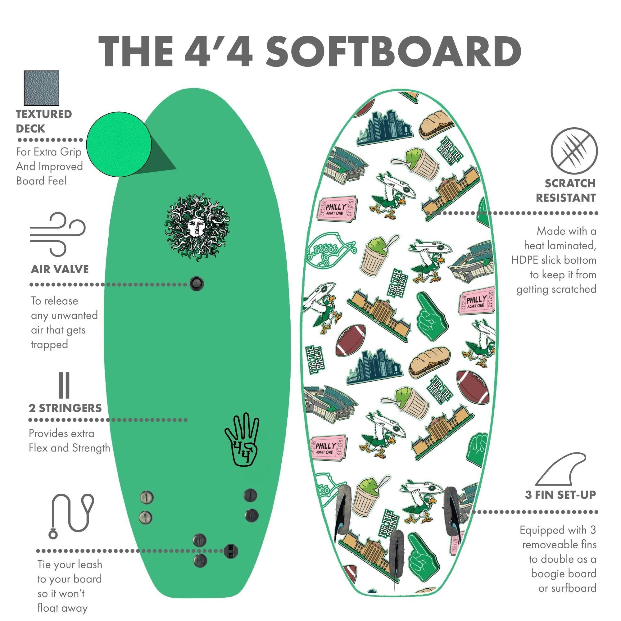 4-4 4ft 4in Bodyboard - Soft Top Short Foam Surfboard for Beginners and Kids - Includes Leash and Fins