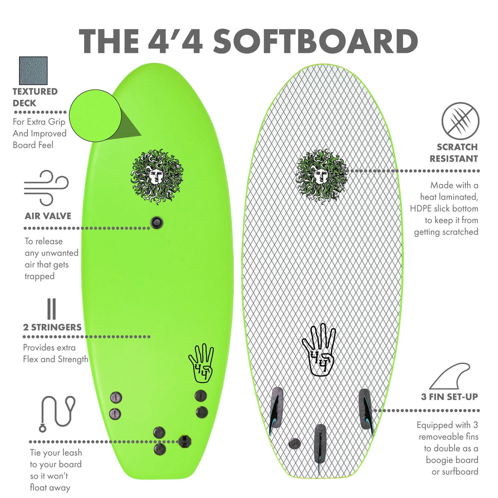 4-4 4ft 4in Bodyboard - Soft Top Short Foam Surfboard for Beginners and Kids - Includes Leash and Fins