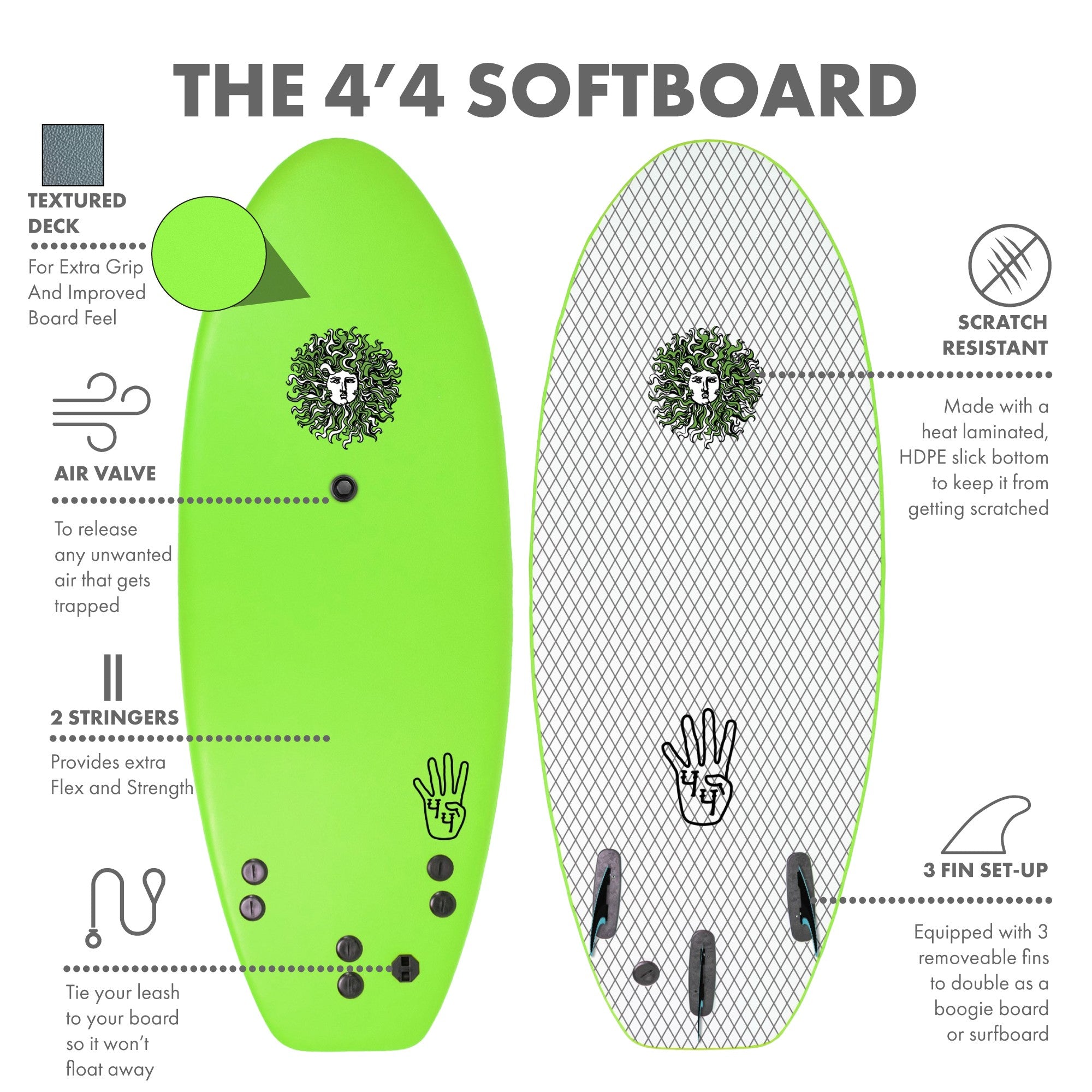 4-4 4ft 4in Bodyboard - Soft Top Short Foam Surfboard for Beginners and Kids - Includes Leash and Fins