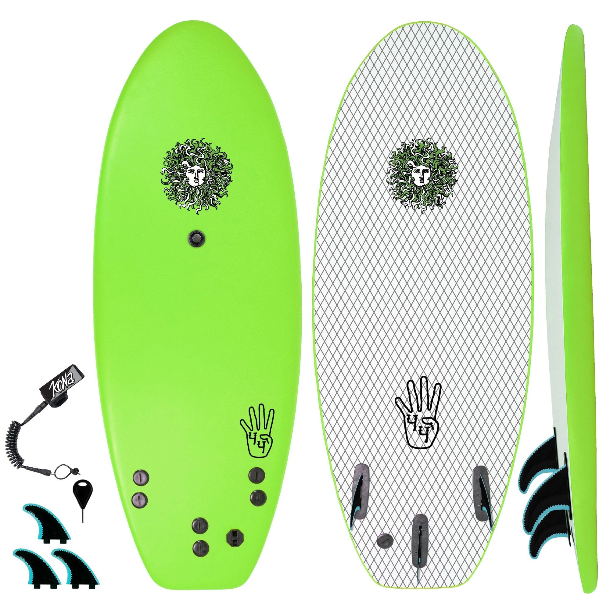 4-4 4ft 4in Bodyboard - Soft Top Short Foam Surfboard for Beginners and Kids - Includes Leash and Fins