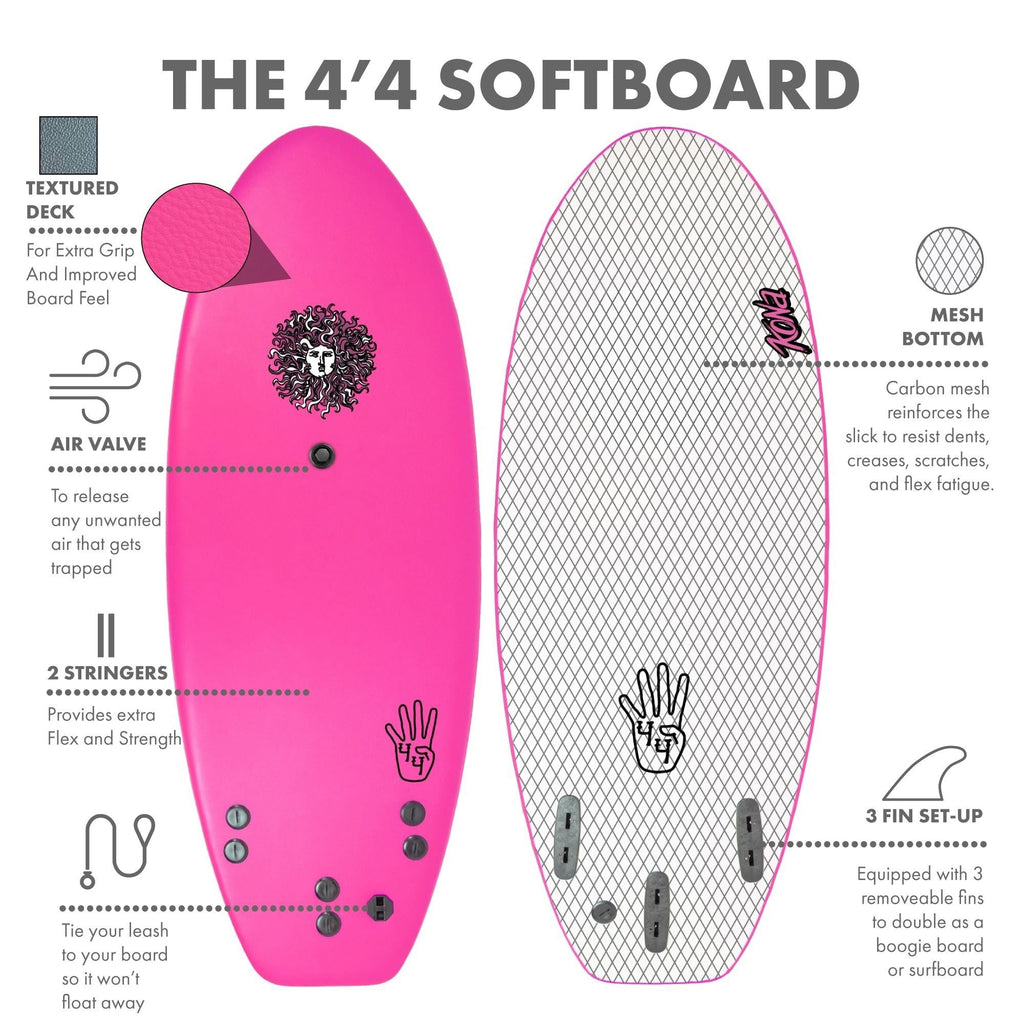 4-4 4ft 4in Bodyboard - Soft Top Short Foam Surfboard for Beginners and Kids - Includes Leash and Fins