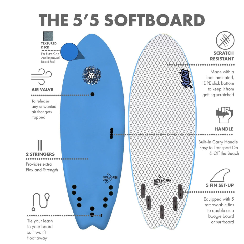 5-5 5ft 5in Fish - Soft Top Short Foam Surfboard for Beginners and Kids - Includes Leash and Fins