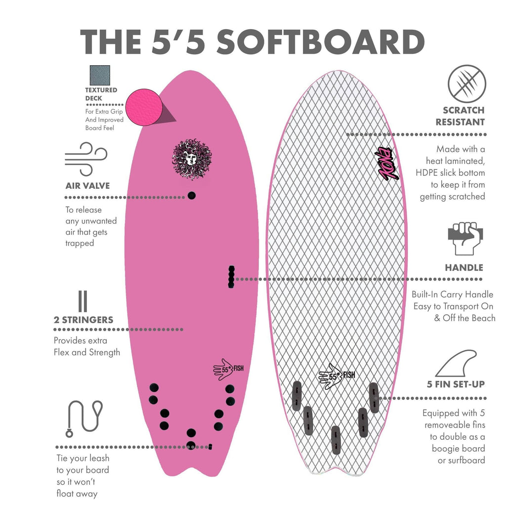 5-5 5ft 5in Fish - Soft Top Short Foam Surfboard for Beginners and Kids - Includes Leash and Fins